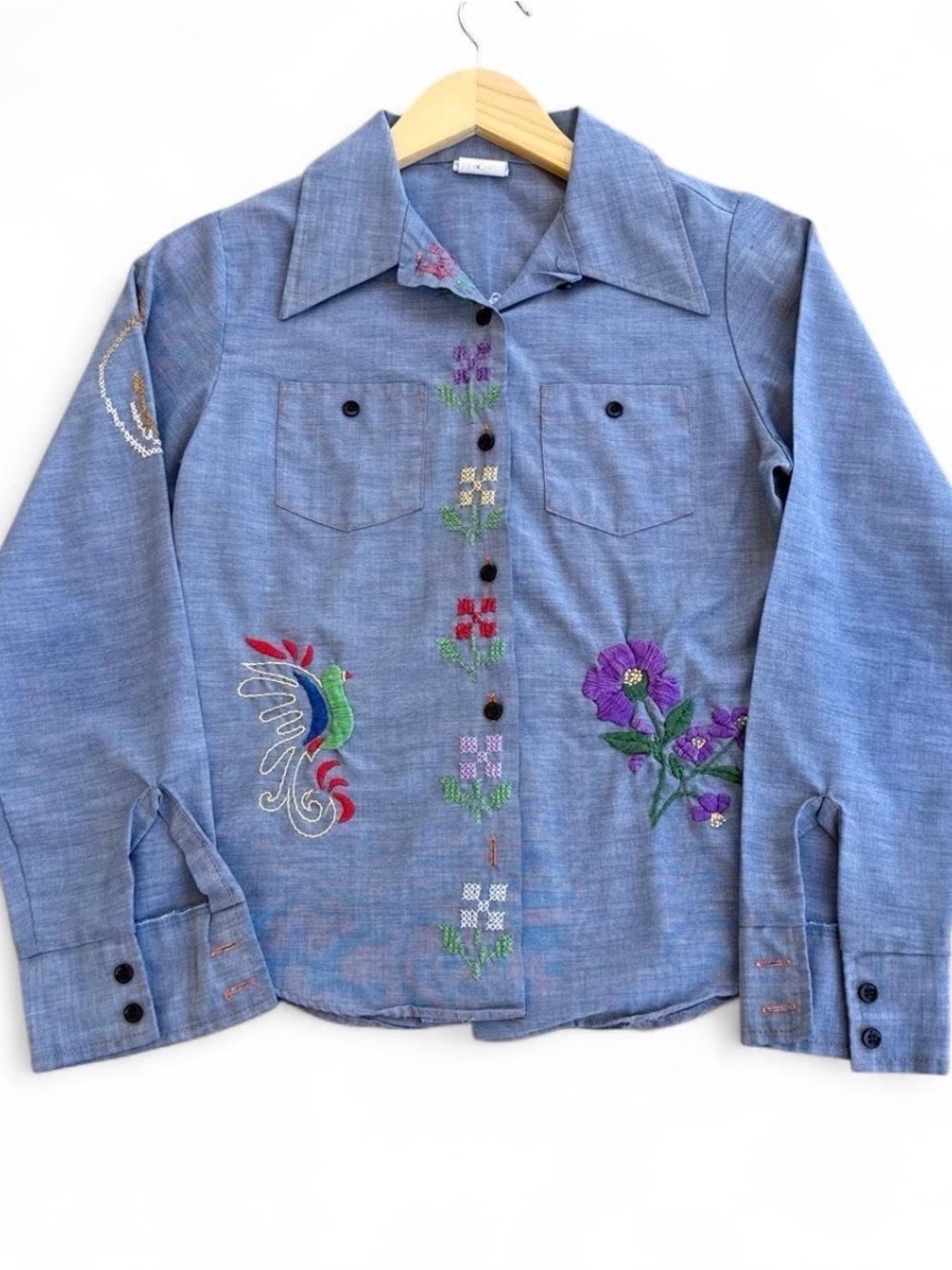 Vintage 70s Blue Chambray Floral Embroidered Western Shirt